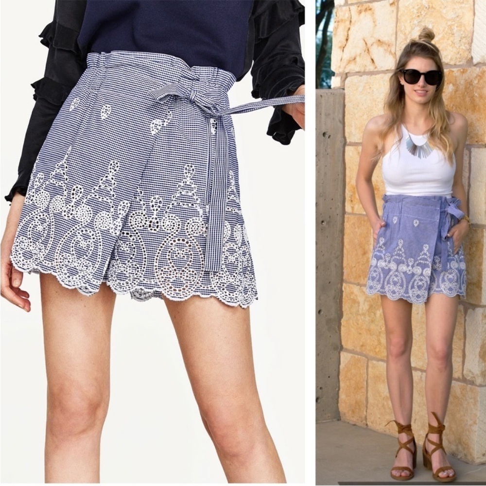 Zara Blue and White Gingham high waisted eyelet embroidered Shorts - small